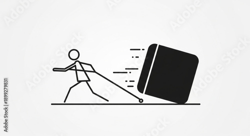 Stick figure pulling a large heavy cube with a rope on a white background.