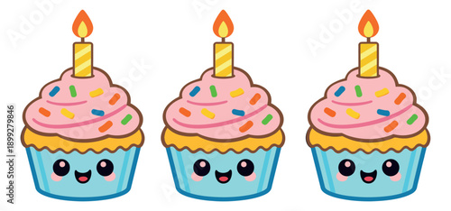 Cute cupcake set featuring smiling faces and birthday candles for celebrations
