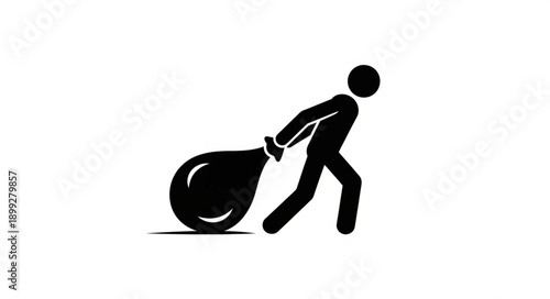Stick figure pulling a large sack.