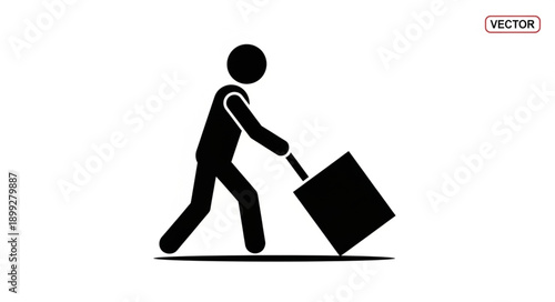 Stick figure pulling a suitcase on a white background.