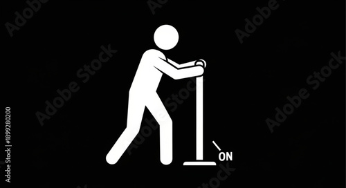 Stick Figure Person Pushing Lever to Turn Something On.