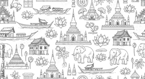 Cultural Exploration, Elephants and Temples, Thailand, Illustration, Artistic View
