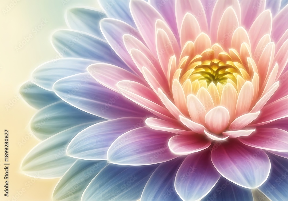 Fototapeta premium Dreamy petals of a multicolored flower in soft glowing hues and tones
