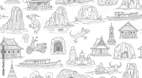 Exploring Traditional Architecture and Nature in Scenic Landscape Illustrations