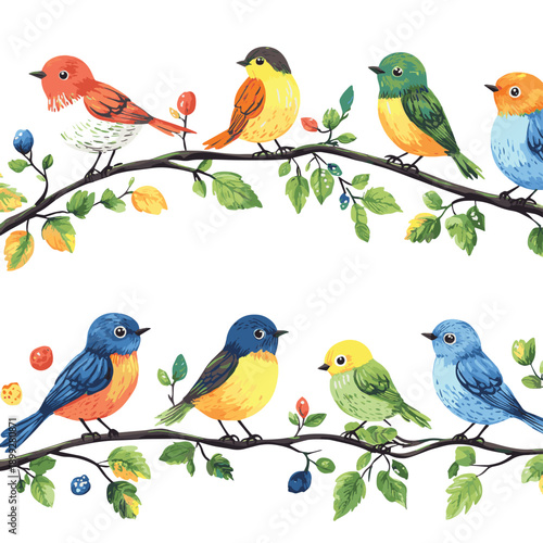 Seamless border with colorful hand drawn birds
