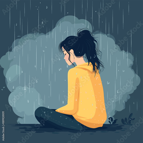 Depressed young woman sitting under rainy cloud. Concept of stress, depression, bad mood, sadness, unhappy, mental illness, psychology , vector style simple color