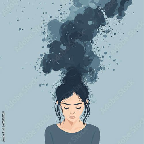 Depressed young woman with bewildered thoughts in her mind. Concept of stress, depression, bad mood, sadness, unhappy, mental illness, psychology , vector style simple color