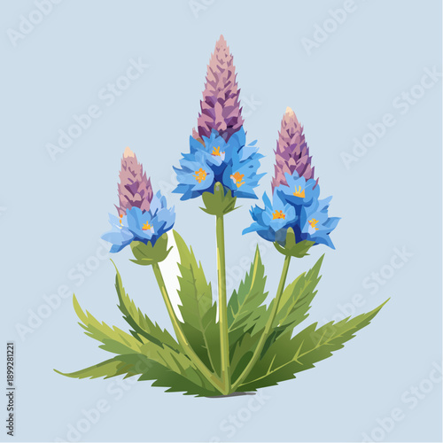 Blue flowers with purple spikes on light blue background