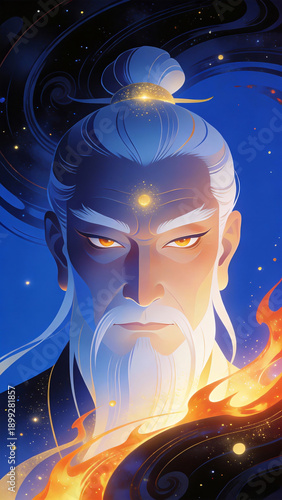 White-haired Immortal with Starry Sky and Flame Background Illustration