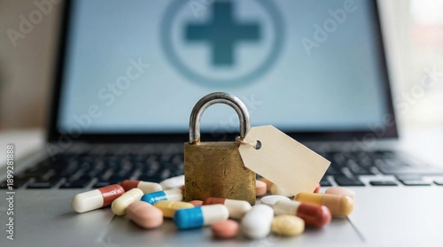 privacy. Padlock resting on laptop keyboard surrounded by pills representing security of medical data and electronic health records. healthcare reports, digital safety guides, hospital compliance