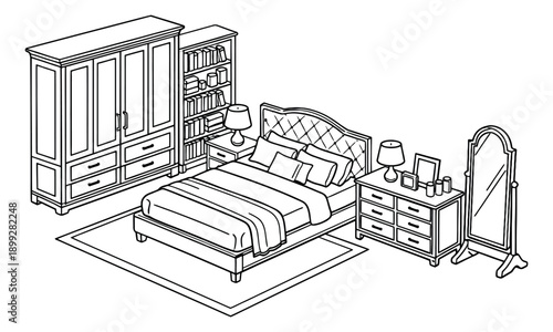 Isometric hand drawn line art bedroom furniture set featuring a bed, wardrobe, dresser, and bookshelf for home interior design