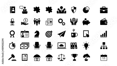 A solid black icon set featuring business, finance, and office-related symbols.