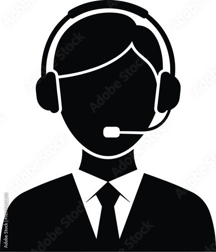Professional customer service representative silhouette icon with headset and tie, symbolizing communication, support, and technical assistance roles