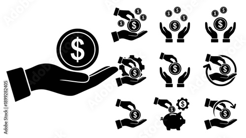 A finance-themed icon set featuring money, coins, and donation concepts.