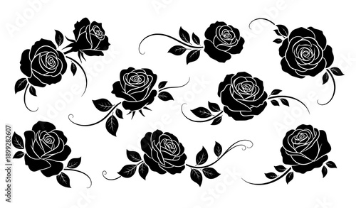 Romantic Rose Flower Silhouette Vector Set with Flowing Leaves