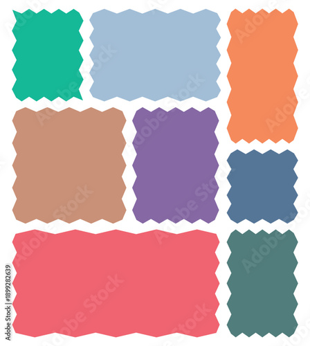 Set of colorful scalloped frames. Geometric shaped stickers with zigzag wavy edges. Rectangle shaped frames with wavy edges. Vector of frames with zigzag edges.