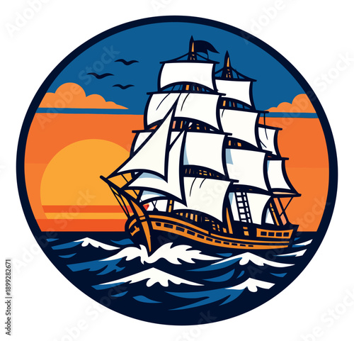 Nautical graphic illustration of a sailing ship depicting a voyage on the open sea at sunset for travel and adventure designs