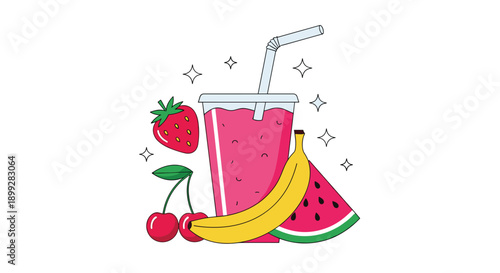 Healthy fruit smoothie illustration includes a pink drink in a cup with a straw surrounded by strawberry, banana, and watermelon.