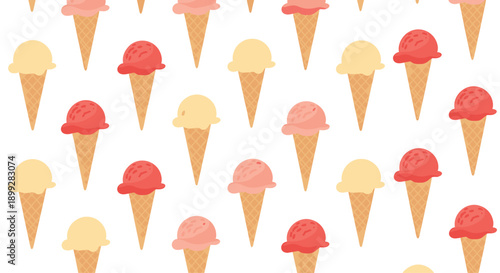 Delicious ice cream pattern displays rows of waffle cones topped with colorful scoops of pink, red, and yellow frozen treats.