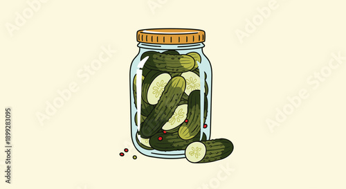 Glass jar filled with green pickles and spices is shown alongside a single sliced pickle on a simple pale yellow background.