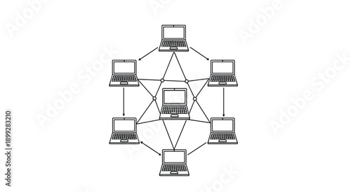 Simple black and white line art diagram showing a network of seven laptop computers connected by arrows in a circular shape.
