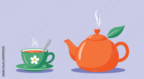 Steaming orange teapot decorated with a heart and leaf sits beside a green cup with a flower on a lavender background.