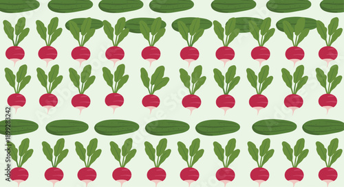 Seamless pattern featuring rows of vibrant red radishes with green leaves and dark green cucumbers on a pale green background.