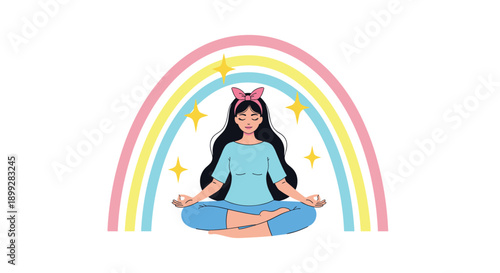 Serene woman meditates in the lotus position under a colorful rainbow with sparkling stars in a clean and minimal illustration.