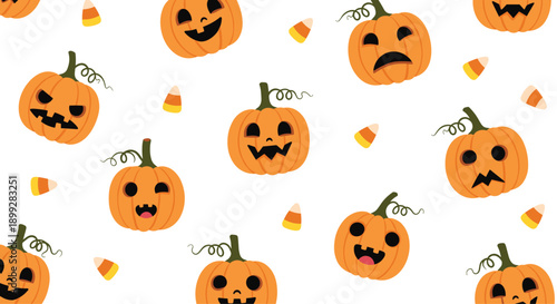 Halloween pattern showcasing a variety of orange jack-o-lanterns with different expressions and small candy corn on a white backdrop.
