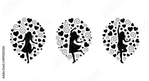 Three circular designs with dancing figures in black silhouette