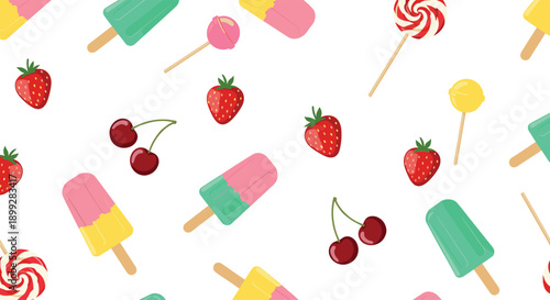 Sweet treats pattern with popsicles, lollipops, strawberries, and cherries scattered across a clean white background.