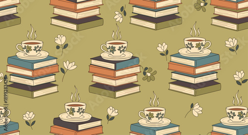 Cozy vintage style pattern with stacks of colorful books topped by floral teacups and scattered white flowers on green.