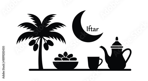 Ramadan iftar scene with palm tree crescent moon and tea silhouette