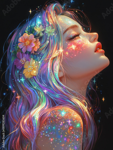 Colorful hair glitter fantasy woman dreamy portrait glowing skin star light colorful flower cosmic art ethereal beauty vibrant color fantasy woman with colorful hair and glowing skin star light