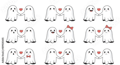 Grid pattern of cute white ghost pairs holding hands with red hearts, showing different expressions and accessories like hats and bows.