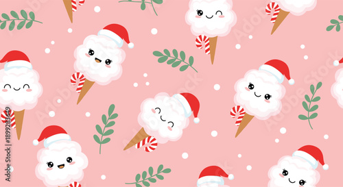 Festive pattern of cotton candy cones with faces wearing Santa hats and holding candy canes on a soft pink background.