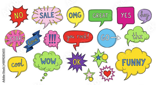 Colorful speech bubbles with funny and exciting expressions jhgfds on white background
