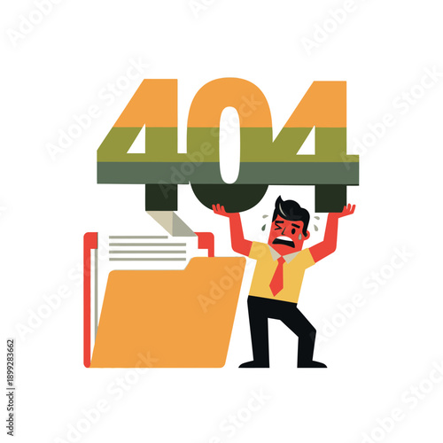 Man struggling to hold large 404 error message with file folder.