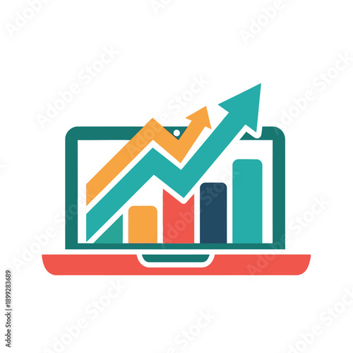 Laptop displaying colorful graph with upward trend arrow.