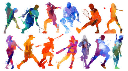 Vibrant illustration of multiple tennis players in various poses isolated on transparent background with colorful watercolor effect