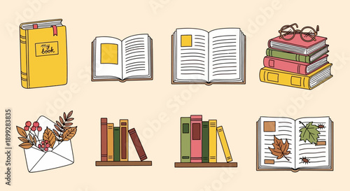 Autumn leaves decorate books on shelves and pages jhgfds