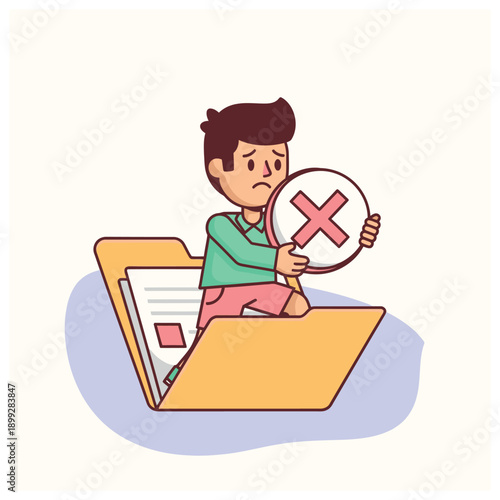 A person rejecting a document with a red cross symbol.