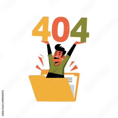Man emerging from a file folder with 404 error message.