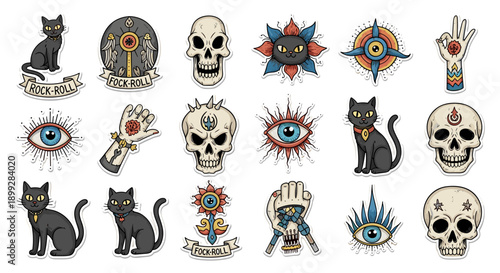 Hand drawn Tattoo Flash Style Stickers with Mystical Eyes, Skulls, and Cats