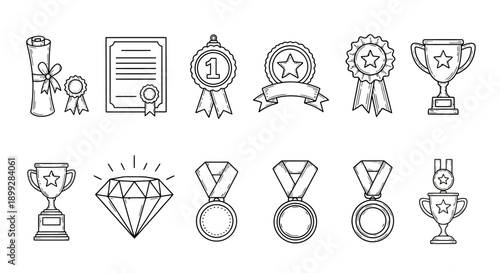 A collection of various awards and medals are displayed on a table indoors.