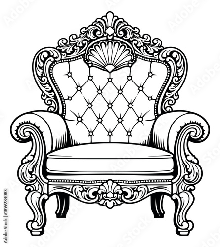 Ornate line art illustration of a baroque armchair depicting luxurious tufted upholstery for elegant design