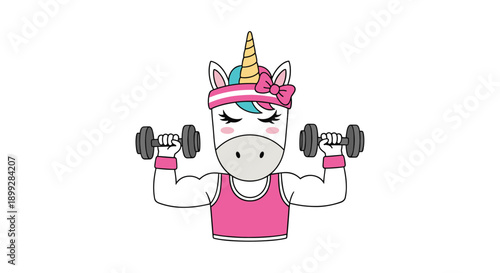 Strong muscular unicorn character wearing pink fitness gear and lifting heavy dumbbells during a gym workout session.