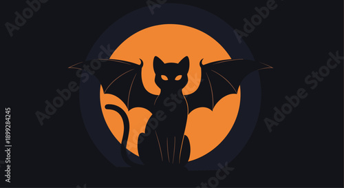 Spooky black cat silhouette with large bat wings sitting in front of a glowing orange full moon in a dark night sky.