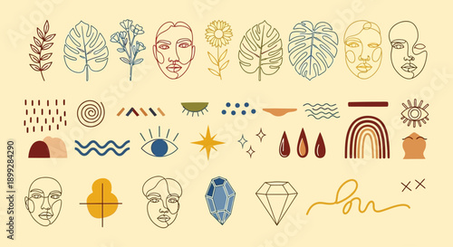 Vibrant illustrations of faces, leaves, and abstract shapes adorn a digital artwork jhgfds 43 ai