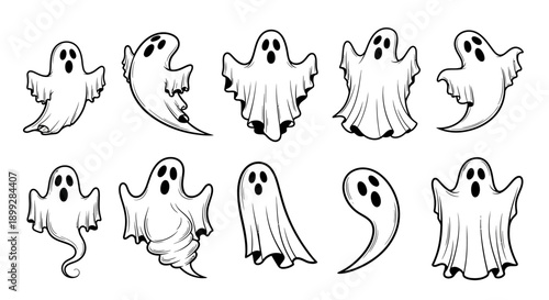 Various ghost illustrations depicted in different poses and emotions on white background in jhgfds ai file